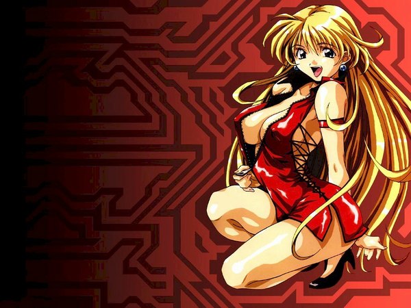 Anime picture 1024x768 with single looking at viewer open mouth light erotic blonde hair very long hair high heels undressing girl earrings