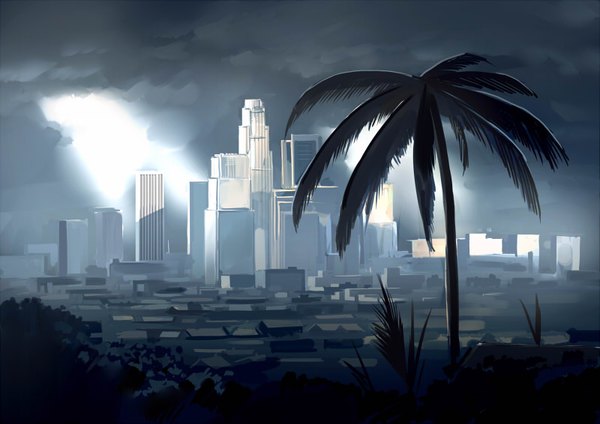 Anime picture 800x566 with original seo tatsuya cloud (clouds) sunlight no people landscape plant (plants) tree (trees) building (buildings) palm tree skyscraper bushes