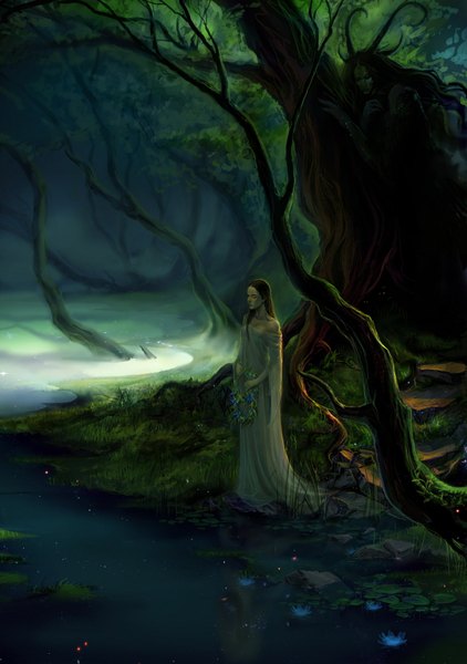 Anime picture 1280x1818 with original anndr (artist) long hair tall image standing bare shoulders holding eyes closed horn (horns) couple fantasy eyes lake girl dress boy plant (plants) tree (trees) forest wreath