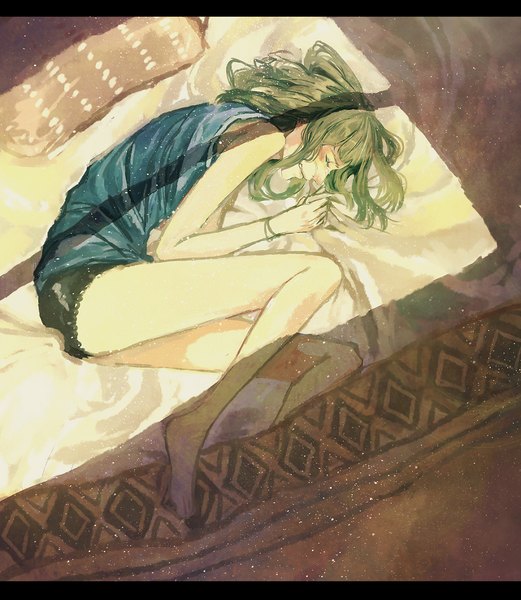 Anime picture 1080x1242 with original pege (artist) single tall image blush short hair bare shoulders lying eyes closed barefoot green hair sunlight shadow tears crying girl bracelet bed