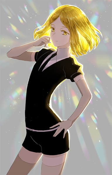 Anime picture 535x840 with houseki no kuni yellow diamond (houseki no kuni) tette single tall image looking at viewer short hair blonde hair yellow eyes grey background zettai ryouiki puffy sleeves hand on hip androgynous thighhighs gloves white thighhighs necktie elbow gloves white gloves