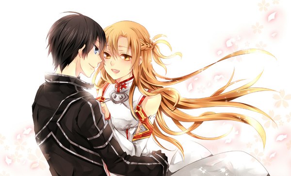 Anime picture 1000x604 with sword art online a-1 pictures yuuki asuna kirigaya kazuto kao lee long hair short hair open mouth blue eyes black hair simple background brown hair wide image bare shoulders yellow eyes couple girl boy detached sleeves