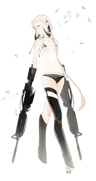 Anime picture 1000x1887 with kaninnvven single long hair tall image light erotic simple background standing white background yellow eyes looking away pink hair braid (braids) horn (horns) single braid transparent girl underwear weapon swimsuit