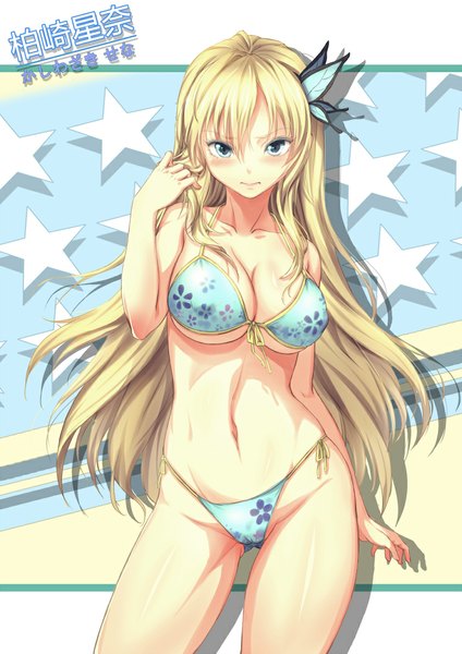 Anime picture 744x1052 with boku wa tomodachi ga sukunai kashiwazaki sena ryuuzaki ichi single tall image looking at viewer breasts light erotic large breasts bare shoulders cleavage lips bare belly underboob adjusting hair girl navel hair ornament swimsuit bikini