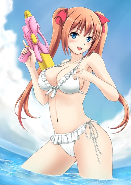 Anime picture 1000x1414 with original fuuma nagi single long hair tall image looking at viewer blush breasts open mouth blue eyes light erotic brown hair twintails sky cloud (clouds) girl navel bow swimsuit hair bow