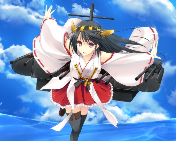 Anime picture 1200x960 with kantai collection haruna battleship takepon (artist) single long hair looking at viewer open mouth black hair brown eyes sky cloud (clouds) traditional clothes miko girl thighhighs weapon black thighhighs detached sleeves hairband