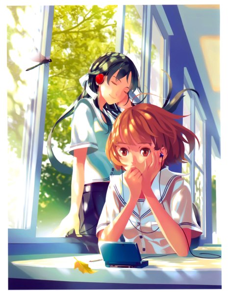 Anime picture 3288x4239 with original vofan long hair tall image fringe highres short hair smile brown hair sitting multiple girls brown eyes absurdres ahoge eyes closed wind scan arm support border finger to mouth