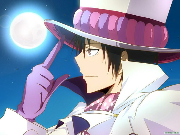 Anime picture 1024x768 with ao no exorcist a-1 pictures mephisto pheles short hair black hair profile night demon boy gloves hat moon neckerchief top hat