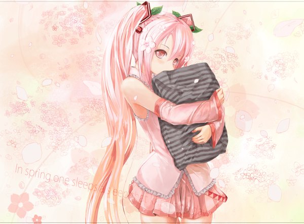 Anime picture 3113x2298 with vocaloid hatsune miku sakura miku single looking at viewer highres twintails pink hair absurdres very long hair pink eyes hug text cherry blossoms english covered mouth girl skirt detached sleeves miniskirt