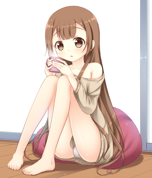 Anime picture 873x1020 with yuru yuri doga kobo oomuro hanako psyche3313 single tall image blush fringe open mouth light erotic brown hair sitting bare shoulders holding brown eyes looking away bent knee (knees) very long hair parted lips barefoot