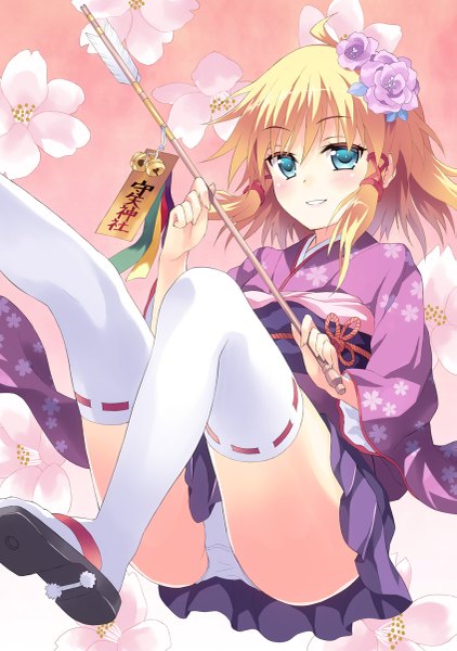 Anime picture 845x1200 with touhou moriya suwako rasahan (artist) single tall image looking at viewer blush short hair light erotic blonde hair ahoge hair flower aqua eyes pantyshot alternate costume girl thighhighs hair ornament underwear panties