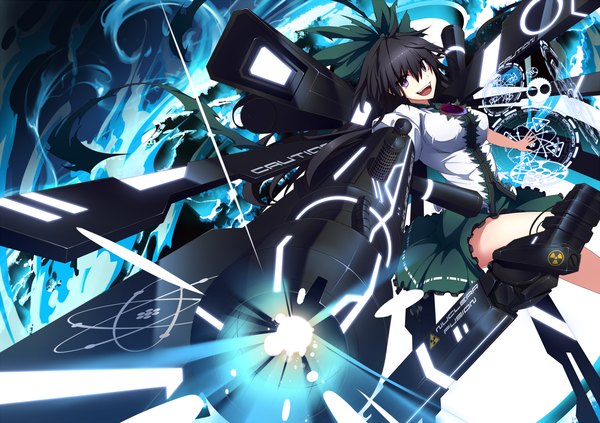 Anime picture 1500x1059 with touhou reiuji utsuho ugume single long hair looking at viewer fringe breasts open mouth black hair purple eyes magic happy frilly skirt glow arm cannon girl skirt weapon miniskirt