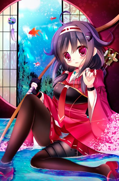 Anime picture 1490x2267 with kantai collection taigei light aircraft carrier ryuuhou seaplane tender yuziki hina single long hair tall image looking at viewer blush open mouth purple eyes purple hair girl dress weapon animal water hairband fish (fishes) bow (weapon)