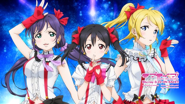 Anime picture 1920x1080 with love live! school idol project sunrise (studio) love live! yazawa nico toujou nozomi ayase eli long hair looking at viewer blush highres blue eyes black hair blonde hair red eyes wide image twintails multiple girls green eyes purple hair ponytail