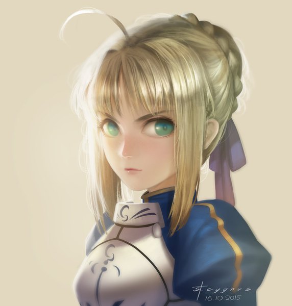Anime picture 1024x1075 with fate (series) fate/stay night artoria pendragon (all) saber stcygnus single tall image looking at viewer fringe simple background blonde hair signed payot ahoge aqua eyes lips dated portrait girl ribbon (ribbons)