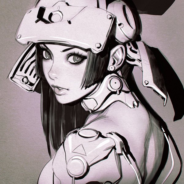 Anime picture 1080x1080 with original ilya kuvshinov single long hair looking at viewer simple background payot parted lips looking back lips realistic shadow monochrome portrait eyeshadow makeup mecha musume girl headdress armor