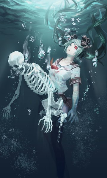 Anime picture 1240x2067 with vocaloid bacterial contamination (vocaloid) calcium liyou-ryon single long hair tall image red eyes twintails green eyes parted lips pleated skirt aqua eyes short sleeves heterochromia underwater skeleton black sclera girl skirt