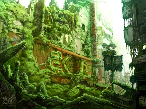 Anime picture 1590x1190 with original tokyogenso ruins post-apocalyptic overgrown building (buildings)