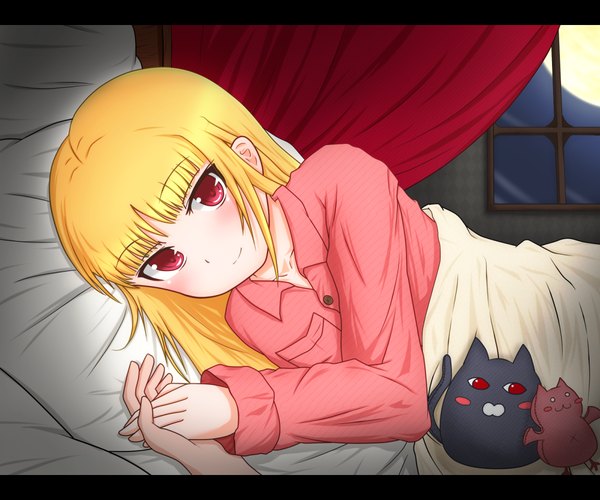 Anime picture 1200x1000 with blazblue rachel alucard kouson'en long hair blush blonde hair smile red eyes lying girl pajamas
