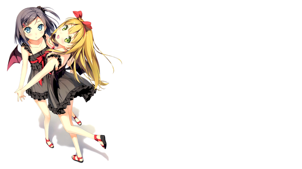 Anime picture 6640x3735 with hentai ouji to warawanai neko j.c. staff tsutsukakushi tsukiko azuki azusa kantoku long hair looking at viewer blush highres short hair open mouth blue eyes black hair simple background blonde hair smile wide image white background multiple girls green eyes