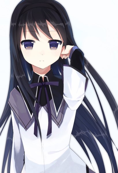 Anime picture 900x1320 with mahou shoujo madoka magica shaft (studio) akemi homura kurasawa moko single long hair tall image looking at viewer fringe black hair simple background white background purple eyes adjusting hair girl headband