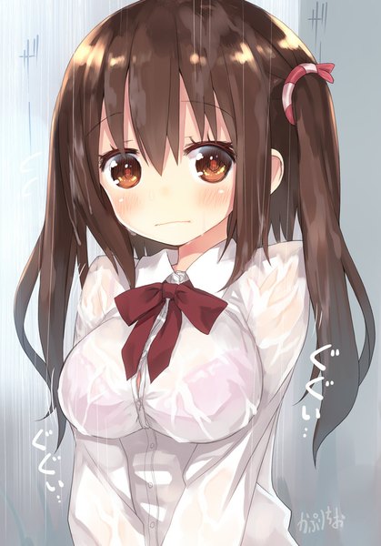Anime picture 699x1000 with himouto! umaru-chan doga kobo ebina nana capriccio single long hair tall image looking at viewer fringe breasts light erotic brown hair large breasts twintails brown eyes signed embarrassed text rain wet clothes