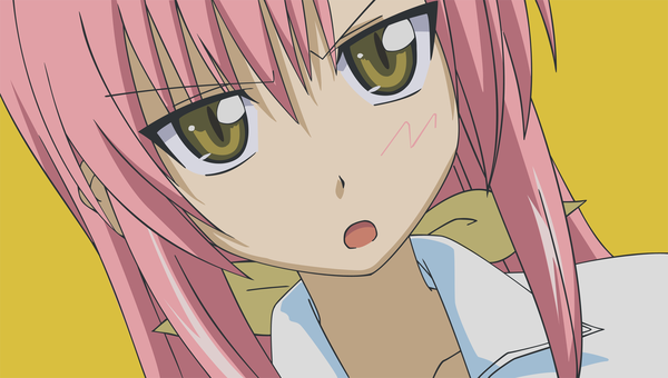Anime picture 1802x1024 with hayate no gotoku! katsura hinagiku long hair highres open mouth simple background wide image yellow eyes pink hair close-up face yellow background girl