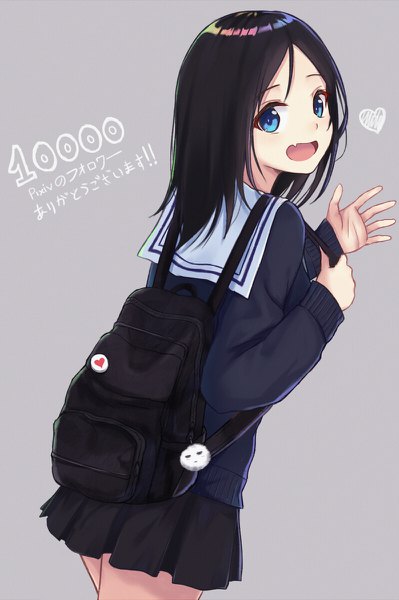 Anime picture 798x1200 with original itachi kanade single long hair tall image open mouth blue eyes black hair simple background signed pleated skirt grey background fang (fangs) leaning leaning forward waving thank you milestone celebration girl skirt