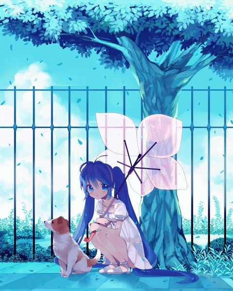 Anime picture 1200x1500 with vocaloid hatsune miku amezawa koma long hair tall image blue eyes twintails blue hair squat girl plant (plants) animal tree (trees) umbrella sundress dog