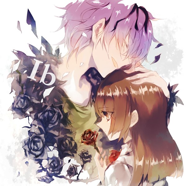 Anime picture 1056x1056 with ib (game) garry (ib) ib (ib) long hair fringe short hair open mouth simple background brown hair white background brown eyes purple hair eyes closed hair over one eye inscription couple girl boy flower (flowers) rose (roses)