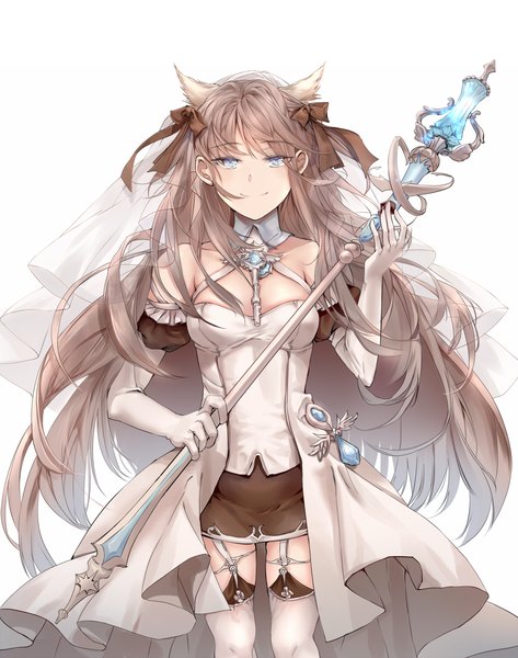 Anime picture 1000x1269 with original ddaomphyo single long hair tall image looking at viewer fringe blue eyes simple background smile brown hair white background bare shoulders holding animal ears cat ears girl thighhighs gloves ribbon (ribbons)