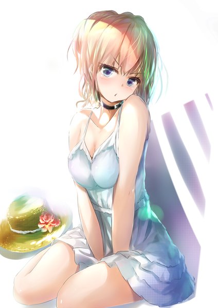 Anime picture 700x990 with yahari ore no seishun love comedy wa machigatteiru. brains base (studio) yuigahama yui wingheart single tall image looking at viewer blush fringe short hair breasts blue eyes blonde hair simple background hair between eyes white background sitting bare shoulders payot cleavage