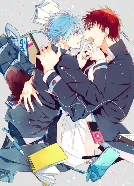 Anime picture 801x1113 with kuroko no basket production i.g kuroko tetsuya kagami taiga maru2kko tall image short hair open mouth blue eyes red eyes blue hair looking away red hair long sleeves multiple boys hug finger to mouth open collar shounen ai screaming