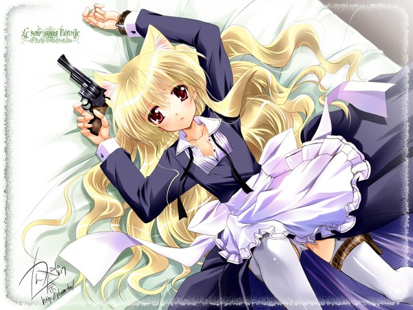 Anime picture 1600x1200 with blonde hair red eyes animal ears lying maid cat girl girl thighhighs weapon white thighhighs gun