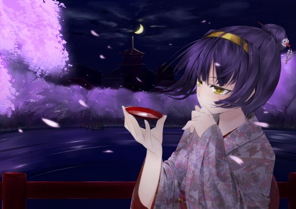 Anime picture 1518x1075 with original u nagi single short hair black hair yellow eyes traditional clothes japanese clothes night cherry blossoms lake girl hair ornament plant (plants) petals tree (trees) hairband kimono alcohol sake