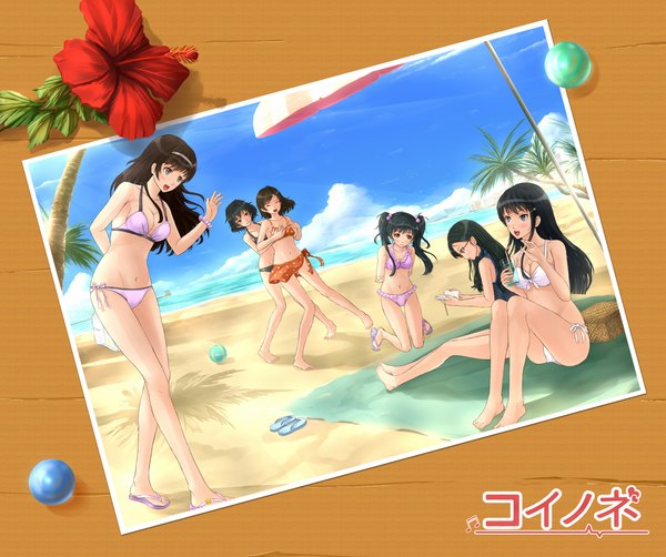 Anime picture 2188x1832 with original kazeno long hair highres short hair open mouth blue eyes light erotic black hair smile brown hair twintails bare shoulders multiple girls brown eyes eyes closed barefoot beach 6+ girls 6 girls