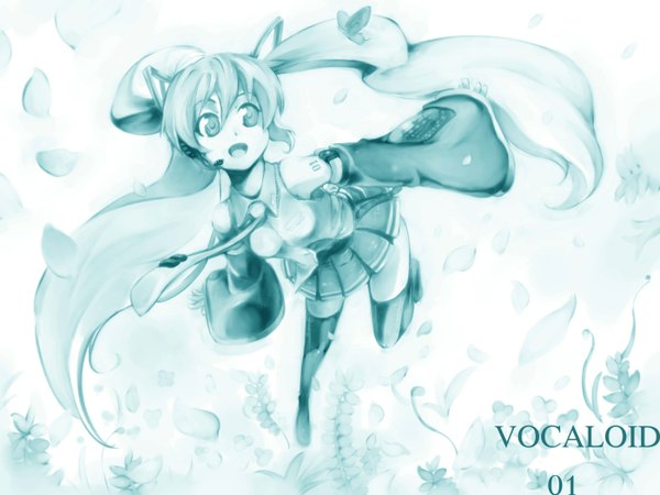 Anime picture 1400x1050 with vocaloid hatsune miku ttomm (artist) single open mouth blue eyes twintails monochrome girl thighhighs flower (flowers) black thighhighs detached sleeves necktie headphones leaf (leaves) insect butterfly