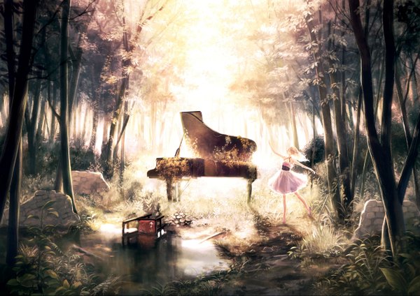 Anime picture 1280x905 with original siro single long hair blonde hair brown eyes girl plant (plants) tree (trees) sundress forest piano