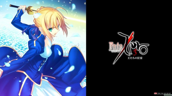 Anime picture 1920x1080 with fate (series) fate/stay night fate/zero studio deen type-moon artoria pendragon (all) saber single highres short hair blonde hair wide image green eyes ahoge inscription girl dress flower (flowers) weapon petals