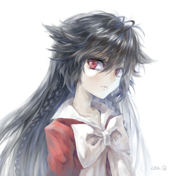 Anime picture 1024x1024 with pandora hearts xebec alice (pandora hearts) cea single long hair looking at viewer black hair simple background red eyes white background signed braid (braids) girl bowtie