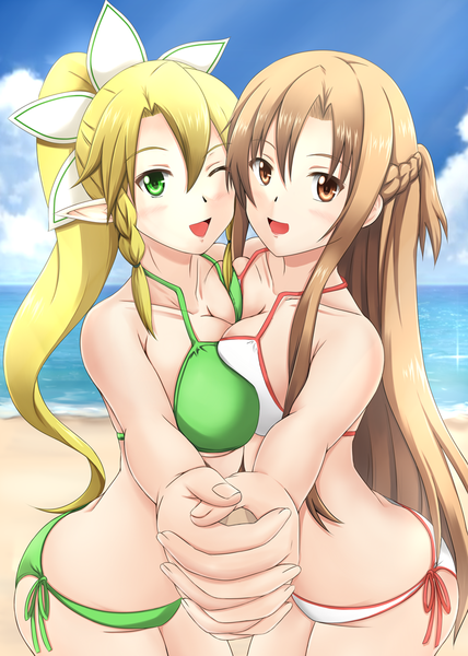 Anime picture 800x1122 with sword art online a-1 pictures yuuki asuna leafa titania (alo) fuuma nagi long hair tall image looking at viewer blush breasts open mouth light erotic blonde hair brown hair multiple girls brown eyes green eyes sky cloud (clouds)