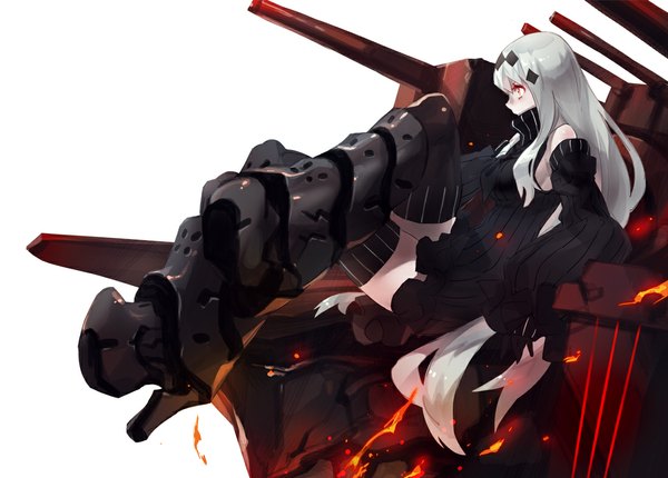 Anime picture 1100x790 with kantai collection aircraft carrier water oni dakuro single long hair fringe simple background white background sitting bare shoulders bent knee (knees) white hair long sleeves profile high heels leg lift (legs lift) shinkaisei-kan girl thighhighs hair ornament