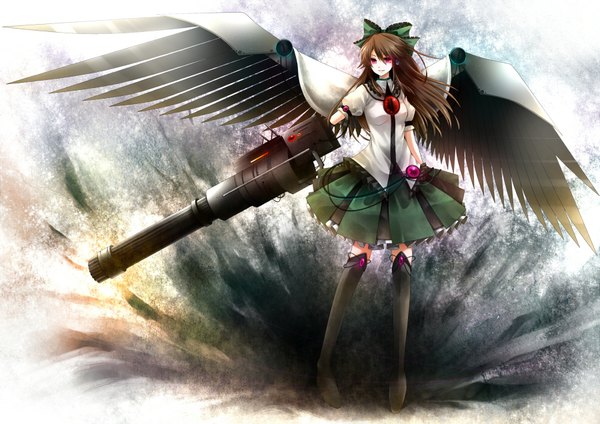 Anime picture 1800x1272 with touhou reiuji utsuho itsuya (artist) single long hair highres red eyes brown hair arm cannon girl skirt bow weapon hair bow miniskirt wings green skirt