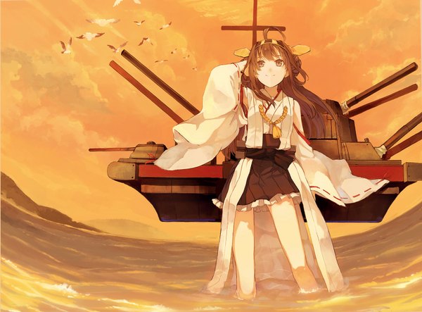 Anime picture 1506x1114 with kantai collection kongou battleship cosmic (crownclowncosmic) single long hair brown hair brown eyes looking away ahoge traditional clothes japanese clothes nontraditional miko fisheye girl skirt weapon detached sleeves animal water hairband
