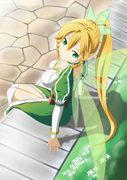 Anime picture 2893x4092 with sword art online a-1 pictures leafa brianchan.t.w single long hair tall image looking at viewer fringe highres blonde hair smile sitting green eyes ponytail from above pointy ears insect wings girl thighhighs