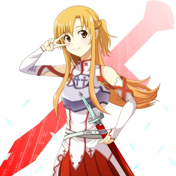 Anime picture 1200x1200 with sword art online a-1 pictures yuuki asuna mocoushi single long hair blonde hair smile brown eyes victory half updo sheathed girl weapon detached sleeves sword armor sheath breastplate