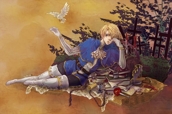 Anime picture 1800x1198 with sound horizon snow white ryou (artist) single fringe highres short hair blue eyes blonde hair hair over one eye reclining boy plant (plants) animal food bird (birds) book (books) cross candle (candles) wine glass