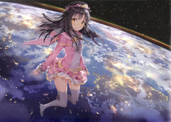 Anime picture 3459x2462 with anmi single long hair highres black hair smile yellow eyes absurdres cloud (clouds) bent knee (knees) pleated skirt city lights space girl skirt glasses boots belt star (stars) thigh boots