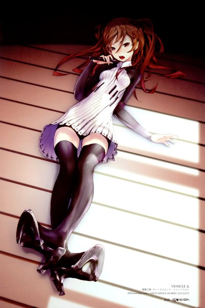 Anime picture 2337x3500 with redjuice single long hair tall image highres open mouth red eyes absurdres lying orange hair legs singing girl thighhighs dress jewelry microphone