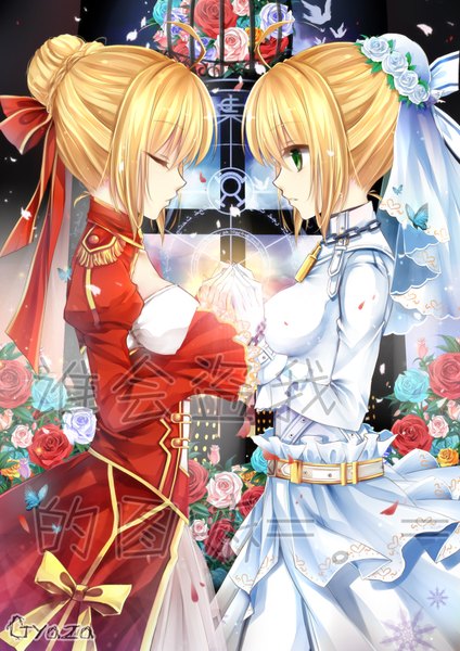 Anime picture 2480x3507 with fate (series) fate/stay night fate/extra studio deen type-moon artoria pendragon (all) saber nero claudius (fate) (all) nero claudius (fate) gyaza tall image highres short hair blonde hair multiple girls green eyes ahoge braid (braids) eyes closed profile